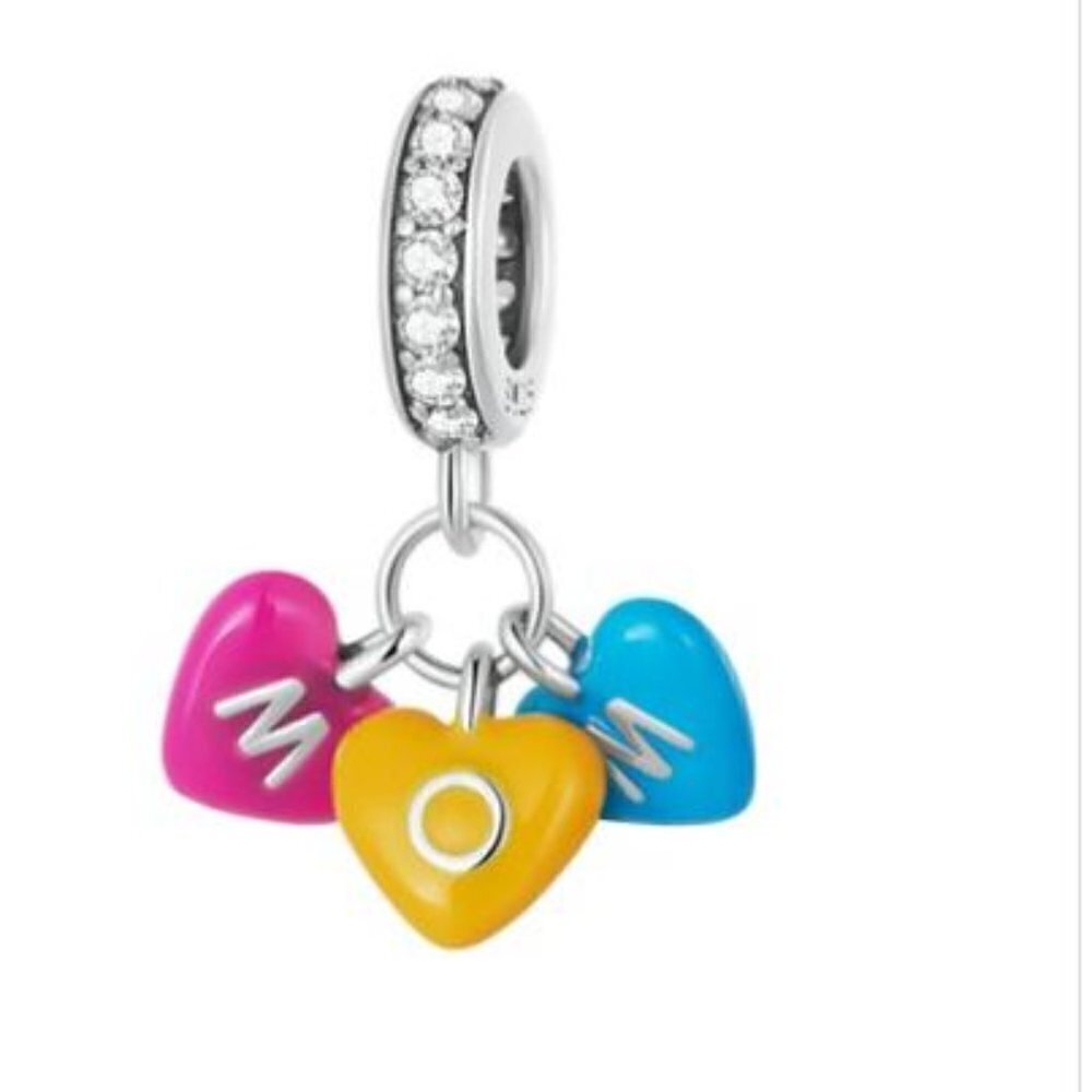 Sterling Silver Mom Heart Charm Multicolor Dangle Pendant Gift